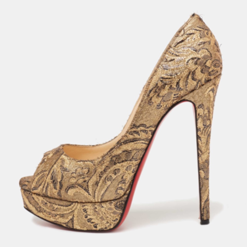Unique Christian Louboutin gold brocade tapestry lady peeps